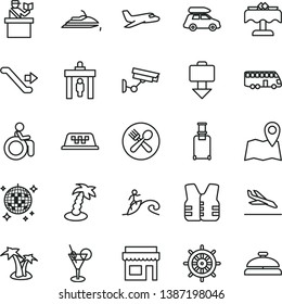thin line vector icon set - plane vector, car baggage, bus, taxi, escalator, security gate, rolling suitcase, passort control, getting, arrival, palm tree, cocktail, disco ball, cafe, restaurant