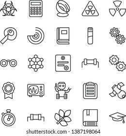 thin line vector icon set - vector e, test tube, glasses, nuclear, gears, satellite, book, biohazard, oscilloscope, clipboard, calculator, artifical insimination, radar, medal, robot, antenna