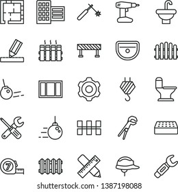 thin line vector icon set - hook vector, big core, cogwheel, window frame, small tools, adjustable wrench, drill, long meashuring tape, washbasin, sink, comfortable toilet, laying out, city block