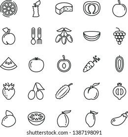 thin line vector icon set - iron fork spoons vector, cheese, peach, ripe, large grape, strawberry, cornels, half of medlar, mango, loquat, goji berry, tasty plum, cherry, sweet date fruit, slice