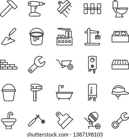 thin line vector icon set - repair key vector, brick wall, building trolley, trowel, concrete mixer, drill, bucket, paint, washbasin, toilet, bath, ceramic tiles, helmet, block, putty knife, spatula