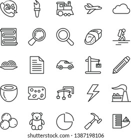 thin line vector icon set - lightning vector, graphite pencil, scribbled paper, magnifier, pie chart, toys over the cot, small teddy bear, children's train, heating coil, hammer with claw, 24, onion