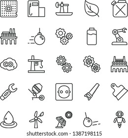 thin line vector icon set - big core vector, concrete mixer, hand saw, putty knife, charge level, solar panel, oil derrick, leaf, modern gas station, wind energy, power socket, industrial factory