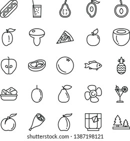 thin line vector icon set - piece of pizza vector, Hot Dog, mushroom, lettuce in a plate, grill chicken leg, bacon, fish, glass soda, tea, cocktail, pineapple, orange, ripe peach, pear, apricot