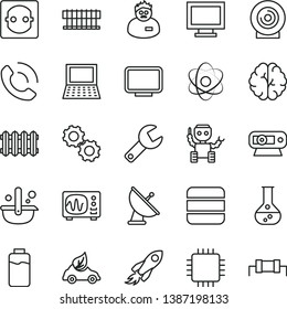 thin line vector icon set - repair key vector, monitor window, new radiator, phone call, lens, charge level, flask, power socket, eco car, metallurgy, space rocket, notebook pc, fan, cpu, web camera