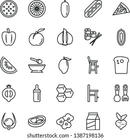 thin line vector icon set - measuring bottle for feeding vector, deep plate with a spoon, chair, child, plastic fork spoons, package, Easter cake, piece of pizza, Hot Dog, bacon, sushi set, popcorn