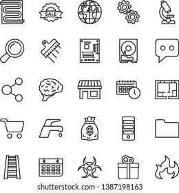 thin line vector icon set - stepladder vector, lay out of flat, spatula, heating coil, faucet mixer, gift, stall, shopping cart, connection, planet, dollars, wall calendar, agenda, sale, think, hdd