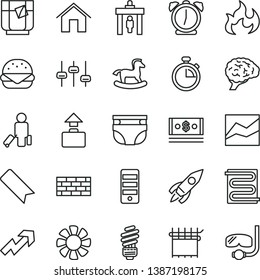 thin line vector icon set - stopwatch vector, bookmark, growth up, line chart, nappy, small rocking horse, brickwork, saving light bulb, heating coil, home, alarm clock, big burger, a glass of tea