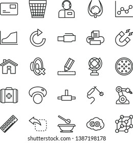 thin line vector icon set - house vector, wicker pot, clockwise, silent mode, graph, medical bag, plates and spoons, drawing, globe, pass card, operator, move left, half of passion fruit, physalis