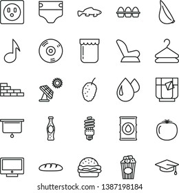 thin line vector icon set - diaper vector, car child seat, brick wall, screen, hanger, bundle of eggs, loaf, burger, garlic, cup popcorn, small fish, a glass tea, bottle soda, jam, tasty mulberry