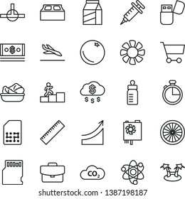 thin line vector icon set - yardstick vector, feeding bottle, building block, timer, suitcase, package, lettuce in a plate, orange, half of, CO2, SIM, cart, cash, fan, pc power supply, usb flash