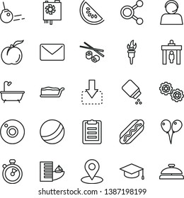 thin line vector icon set - camera vector, baby powder, bath ball, colored air balloons, gears, core, square academic hat, move down, Hot Dog, cake slice, Chinese chopsticks, ripe peach, geolocation