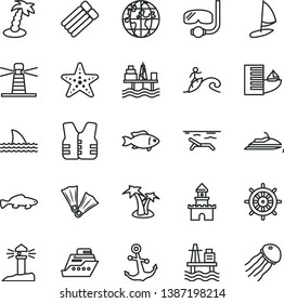 thin line vector icon set - anchor vector, small fish, sea port, commercial seaport, lighthouse, coastal, planet, sand castle, hotel, beach, palm tree, starfish, flippers, diving mask, surfing