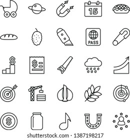 thin line vector icon set - baby stroller vector, safety pin, rainy cloud, tower crane, hand saw, knife, calendar, passport, planet, loaf, apple pie, mulberry, garlic, magnet, jar, note, radar, coin