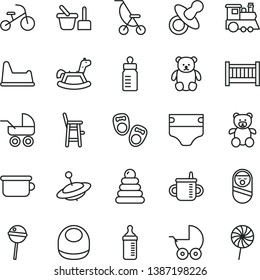 thin line vector icon set - baby cot vector, dummy, mug for feeding, bottle, measuring, diaper, bib, stroller, carriage, summer, stacking rings, roly poly doll, toy sand set, children's potty, chair