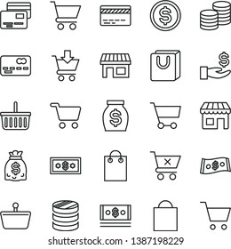 Thin Line Vector Icon Set - Paper Bag Vector, Grocery Basket, Bank Card, Cart, Put In, Crossed, With Handles, Cards, Coins, Kiosk, Stall, Shopping, Front Of The, Column, Dollar, Get A Wage, Money