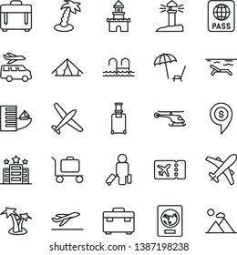 thin line vector icon set - suitcase vector, case, passport, coastal lighthouse, sand castle, helicopter, dollar pin, plane, passenger, rolling, ticket, departure, hotel, tent, beach, palm tree