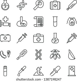 thin line vector icon set - first aid kit vector, electronic thermometer e, mercury, bag of a paramedic, medical, temperature, garlic, goji berry, round flask, research article, test tube, dna, room
