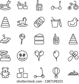 thin line vector icon set - baby rattle vector, duckling, stacking rings, toy, tumbler, phone, mobile, sand set, children's, small teddy bear, yule, rocking horse, cubes for children, balloon