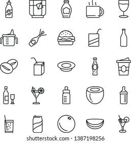 thin line vector icon set - measuring cup for feeding vector, bottle, e, packing of juice with a straw, burger, plate milk, coffee beans, tea, coffe to go, glass soda, cocktail, can, orange, liquor