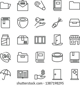 thin line vector icon set - book vector, open pin, e, window frame, entrance door, received letter, umbrella, folder, drawer, cardboard box, 24, package, canned goods, half of coconut, kiosk, exit