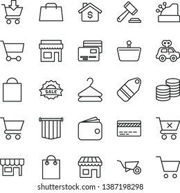 thin line vector icon set - paper bag vector, bank card, hammer of a judge, motor vehicle present, building trolley, cart, put in, crossed, cards, kiosk, coins, hanger, label, shopping basket, hand