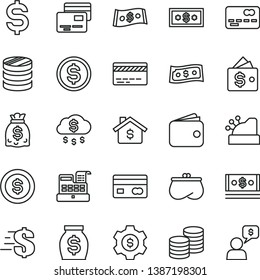 thin line vector icon set - bank card vector, dollar, cards, coins, reverse side of a, front the, column, denomination, wallet, purse, money, dollars, cash, machine, cashbox, rain, coin, mortgage