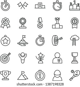 thin line vector icon set - stopwatch vector, pedestal, racer, winner, podium, prize, cup, gold, star, man with medal, motivation, mountain flag, target, purpose, first place, pennant, cross flags