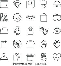 thin line vector icon set - paper bag vector, purse, spectacles, hat, bath ball, accessories for a hairstyle, shoes little children, winter, warm, with handles, T shirt, folded, hanger, hand, ring