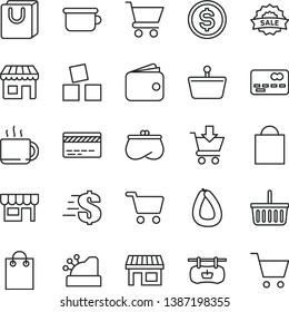 thin line vector icon set - paper bag vector, grocery basket, bank card, dollar, children's potty, cubes for children, cart, put in, with handles, kiosk, stick of sausage, cup tea, stall, shopping