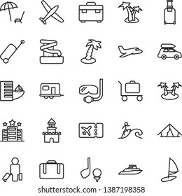 thin line vector icon set - suitcase vector, sand castle, plane, car baggage, camper, passenger, rolling, ticket, case, hotel, tent, arnchair under umbrella, palm tree, aquapark, diving mask, golf