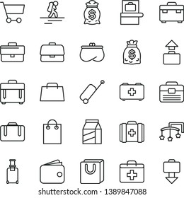thin line vector icon set - briefcase vector, first aid kit, toys over the cot, bag of a paramedic, medical, portfolio, suitcase, case, with handles, package, cart, wallet, purse, dollars, hand