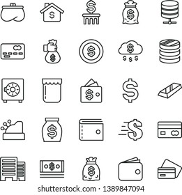 thin line vector icon set - purse vector, dollar, buildings, big data server, strongbox, jam, reverse side of a bank card, front the, column coins, denomination, wallet, money, dollars, cash, rain