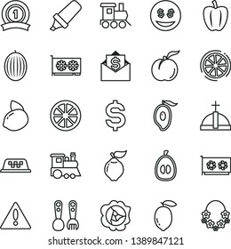 thin line vector icon set - warning vector, plastic fork spoons, baby toy train, children's, ripe peach, squash, quince, melon, half of mango, loquat, lemon, yellow, juicy, slice, Bell pepper, eyes