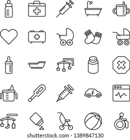 thin line vector icon set - mark of injury vector, first aid kit, toys over the cradle, cot, mug for feeding, measuring cup, bottle, powder, baby, stroller, carriage, summer, bath ball, warm socks