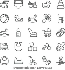 thin line vector icon set - toys over the cradle vector, dummy, feeding bottle, diaper, bib, baby, rattle, car child seat, carriage, summer stroller, rubber duck, duckling, bath ball, stacking rings