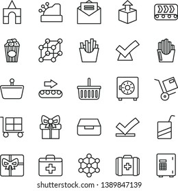 thin line vector icon set - cargo trolley vector, grocery basket, first aid kit, medical bag, e, box of bricks, received letter, drawer, strongbox, shipment, unpacking, French fries, cup popcorn