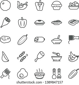 thin line vector icon set - deep plate with a spoon vector, plastic fork spoons, sausage, slices of onion, spaghetti, noodles, cake, pie, bowl buckwheat porridge, in saucepan, lettuce, chicken thigh