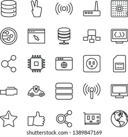thin line vector icon set - power socket type b vector, star, thumb up, screen, big data, server, autopilot, processor, SIM card, connection, connections, hierarchical scheme, cpu, pc, router, earth