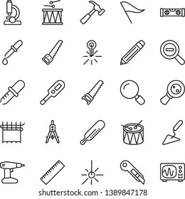 thin line vector icon set - graphite pencil vector, yardstick, zoom out, wind direction indicator, electronic thermometer e, mercury, drumroll, drum, building trowel, drill, hand saw, arm, level