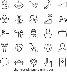 thin line vector icon set - woman vector, women, hat with glasses, summer stroller, funny hairdo, workman, index finger, speech, court hearing, hand shake, bag, scientist, carrer stairway, winner