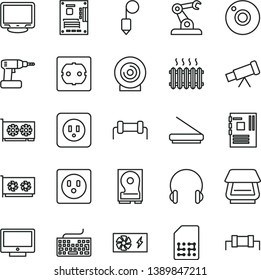 thin line vector icon set - camera vector, keyboard, cordless drill, power socket type b, f, plummet, headphones, screen, lens, assembly robot, SIM, cast iron radiator, pc supply, motherboard, hdd