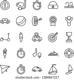 thin line vector icon set - stopwatch vector, bath ball, motor vehicle, present, Kick scooter, warm hat, timer, retro car, flame torch, winner, gold cup, target, purpose, first place medal, aim