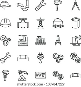 thin line vector icon set - hook vector, gears, sewerage, construction helmet, working oil derrick, valve, hydroelectric station, power line, industrial building, pipes, robot welder, calipers