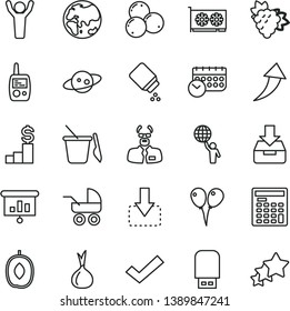 thin line vector icon set - check mark vector, baby powder, carriage, toy mobile phone, children's sand set, colored air balloons, put in a box, move down, branch of grape, blueberries, onion, arrow
