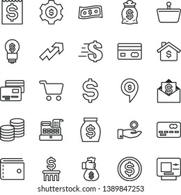 thin line vector icon set - purse vector, growth up, dollar, cards, coins, shopping cart, basket, reverse side of a bank card, front the, denomination, financial item, catch coin, money, bag hand