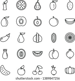 thin line vector icon set - beet vector, cherry, apple, half apricot, rose hip, medlar, mulberry, loquat, melon, water slice, tangerine, of, ripe plum, sweet date fruit, passion, orange, guava, part