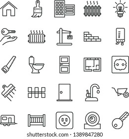 thin line vector icon set - baby cot vector, brick wall, building trolley, arm saw, wooden paint brush, toilet, lay out of flat, power socket 