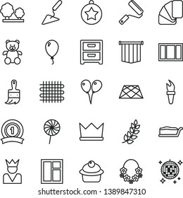 thin line vector icon set - teddy bear vector, colored air balloons, balloon, building trowel, window, frame, new roller, sample of colour, wooden paint brush, pavement, nightstand, muffin, lollipop