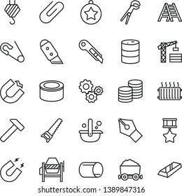 thin line vector icon set - open pin vector, tower crane, hook, concrete mixer, adjustable wrench, hand saw, ladder, knife, stationery, hammer, coins, clip, canned goods, barrel, horseshoe magnet